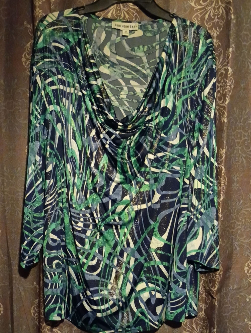 Southern Lady Navy & Green Abstract Cowl Neck Tunic